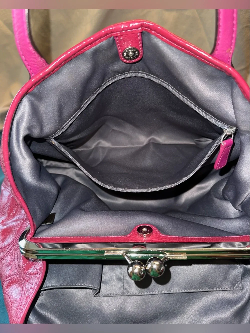 Coach F1182-F15658 Fuchsia Patent Leather Kiss-Lock Satchel